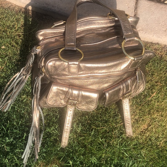 BULGA Shoulder Quality Leather Bag! Metallic Brass Color! Multiple Compartments! - Picture 1 of 16